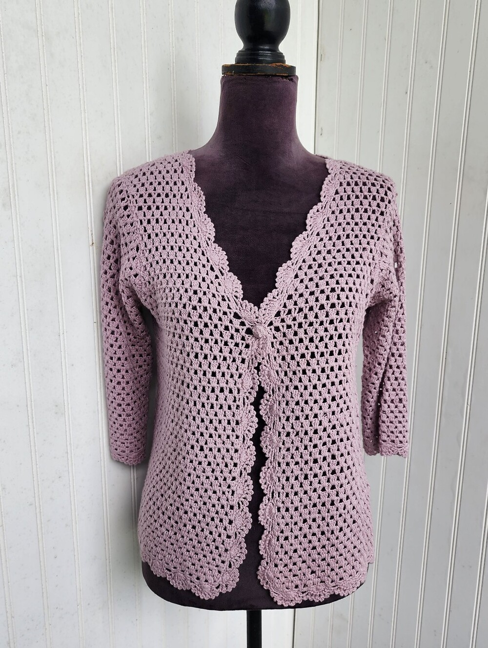 Norm Thompson Women 3/4 Long Sleeves Linen Blend Crochet Cardigan Purple Lilac S